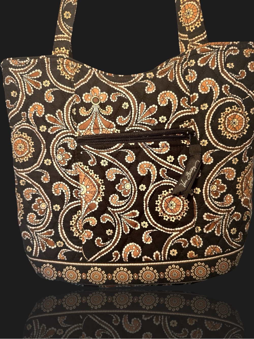 Vera Bradley Café Latte Tote Bag EUC Quilted Paisley Black Brown + Bonus Pouch - Picture 3 of 6